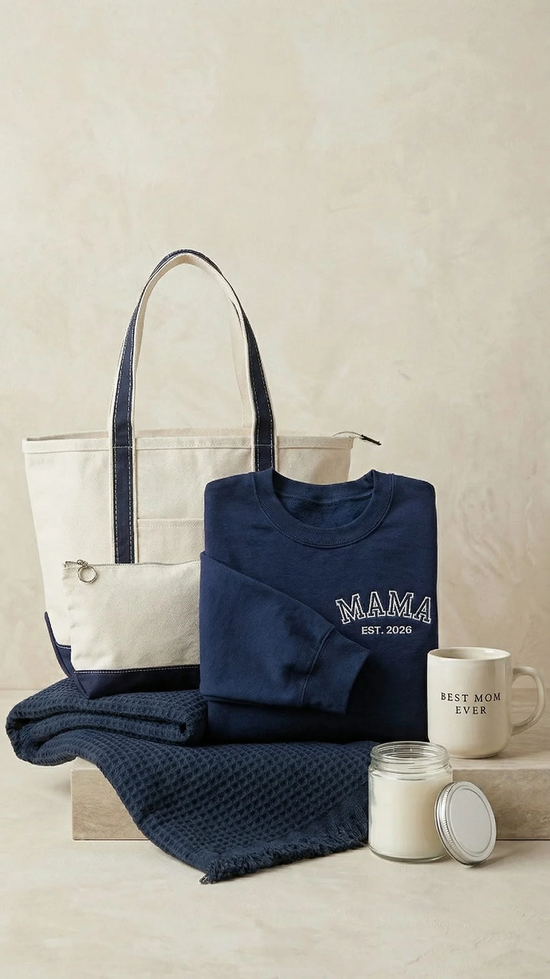Best Mom Ever Varsity Gift Box | Personalized Mama Est. Sweatshirt, Tote, Mug, Candle, Accessory Pouch & Waffle Throw - Image 7