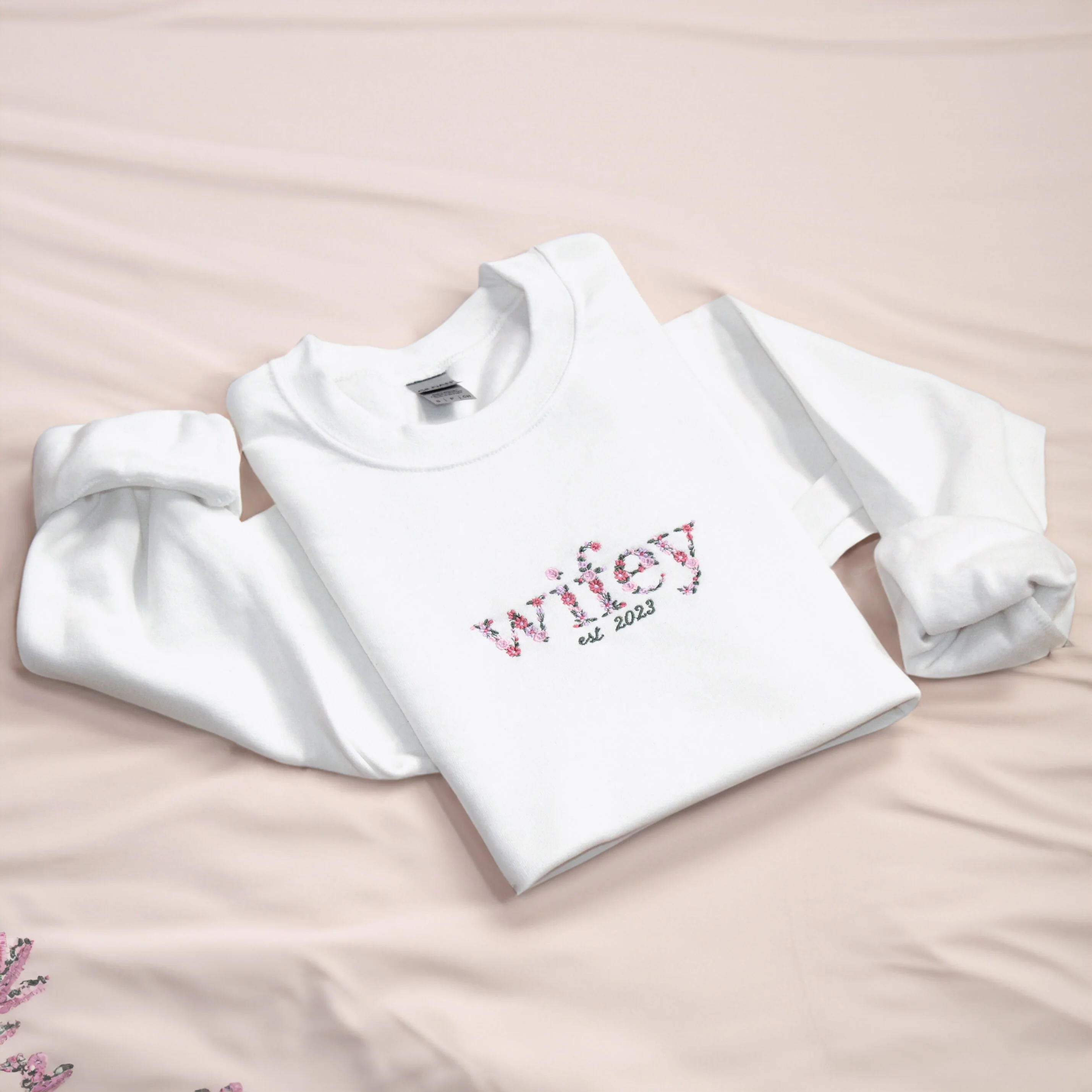 Custom Floral Embroidered Wifey Sweatshirt - Image 3