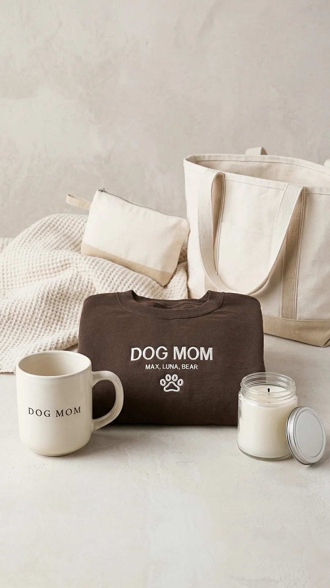 Dog Mom Gift Box | Personalized Pet's Name Sweatshirt, Tote, Mug, Candle, Accessory Pouch & Waffle Throw - Image 7